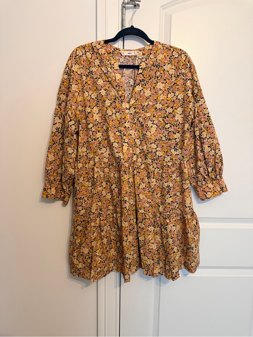 Mango Floral V-Neck Tiered Mini Dress - Yellow Pink